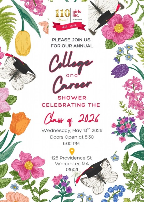 Invitation for College & Career Shower, Join us May 13, 2026 at Girls Inc. of Worcester